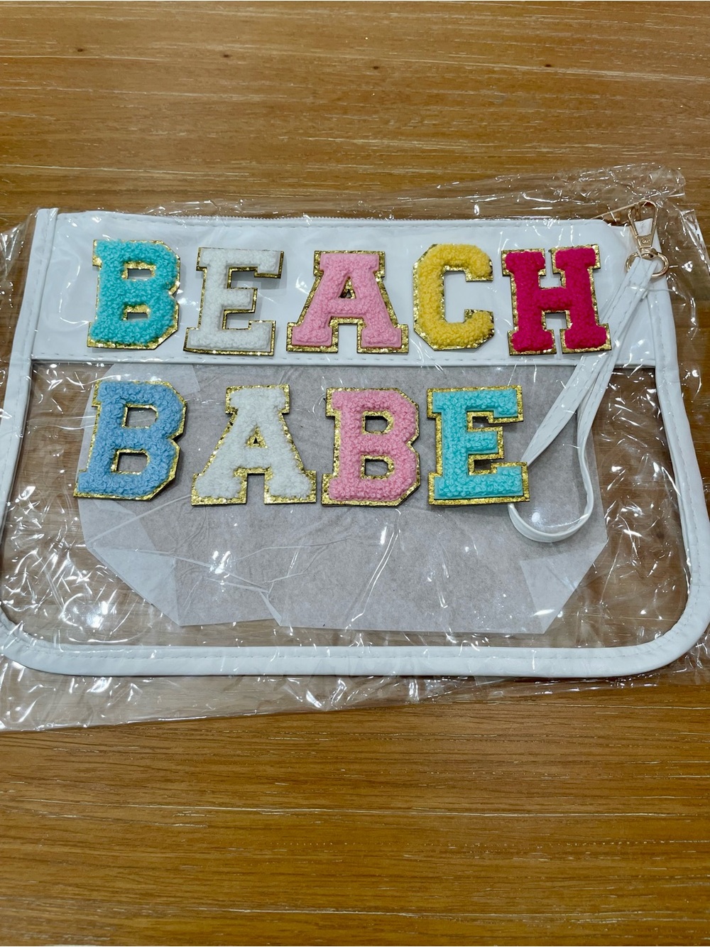 Clear White Makeup Bag with Wristlet DIY Chenille Letters “BEACH BABE"